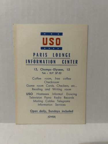 Vtg USO Paris Lounge Information Center WW2 Era United Service Organization Card