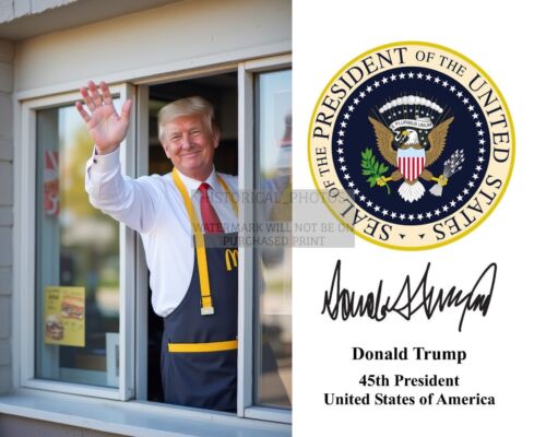 DONALD TRUMP WORKING MCDONALDS DRIVE-THROUGH PRESIDENTIAL SEAL 8X10 AI PHOTO