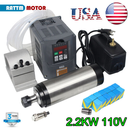 『USA』2200W 2.2KW 110V Water Cooled CNC Spindle Motor& Inverter&Clamp&Pump&Collet