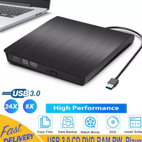 Slim External CD DVD RW Drive USB 3.0 Writer Burner Player Black For Laptop PC