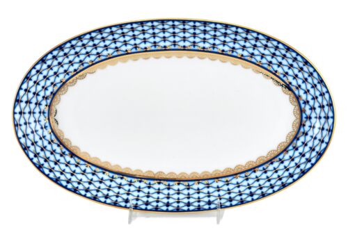 Russian Cobalt Blue Net 12″ Oval Platter Saint Petersburg, 24 kt Gold Bone China