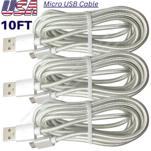 1-3Pack 10FT Micro USB Cable Fast Charger Data Cord For Samsung Android Phone LG