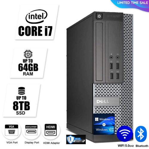 DELL Desktop Computer PC i7, up to 64GB RAM, 8TB SSD, Windows 10/11, WiFi BT