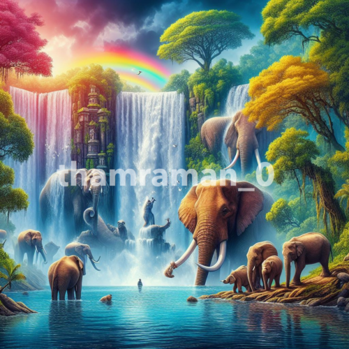 Digital Image Picture  Wallpaper Background Desktop AI Art elephants waterfall