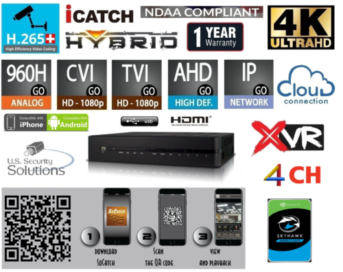 4 Channels H.265+ 4K UHD Hybrid Security HD-TVI/CVI/AHD/960H/IP/P2P/Audio/Cloud