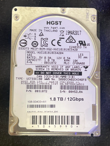 HGST  1.8TB 10K 2.5″ SAS 6.0GB/s Enterprise HDD HUC101212CSS600 hard drive