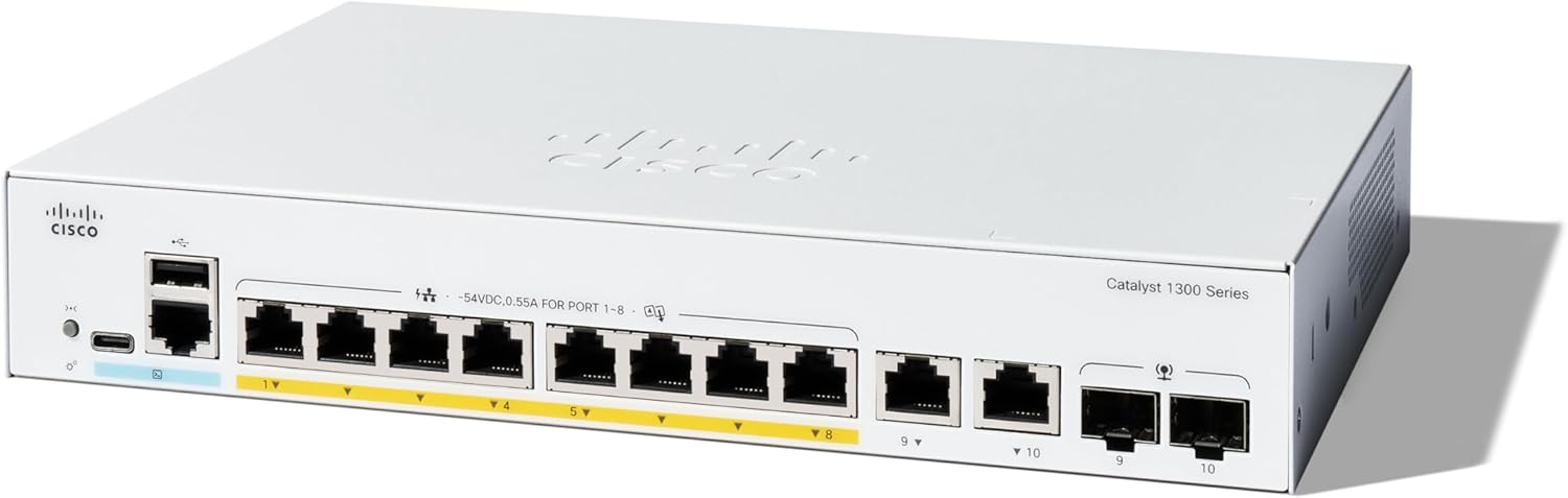 Cisco Catalyst 1300-8FP-2G Managed Switch, 8 Port GE, Full PoE, 2x1GE Combo, Limited Lifetime Protection (C1300-8FP-2G)