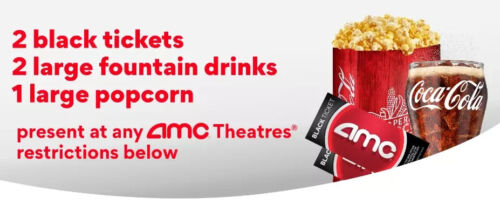 AMC 2 Black Ticket 2 Large Drink 1 Large Popcorn – Fast E-DELIVERY !