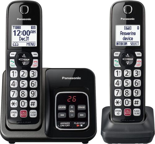 Panasonic Cordless Phone Answering Machine Expandable Call Block 2 Handset Black