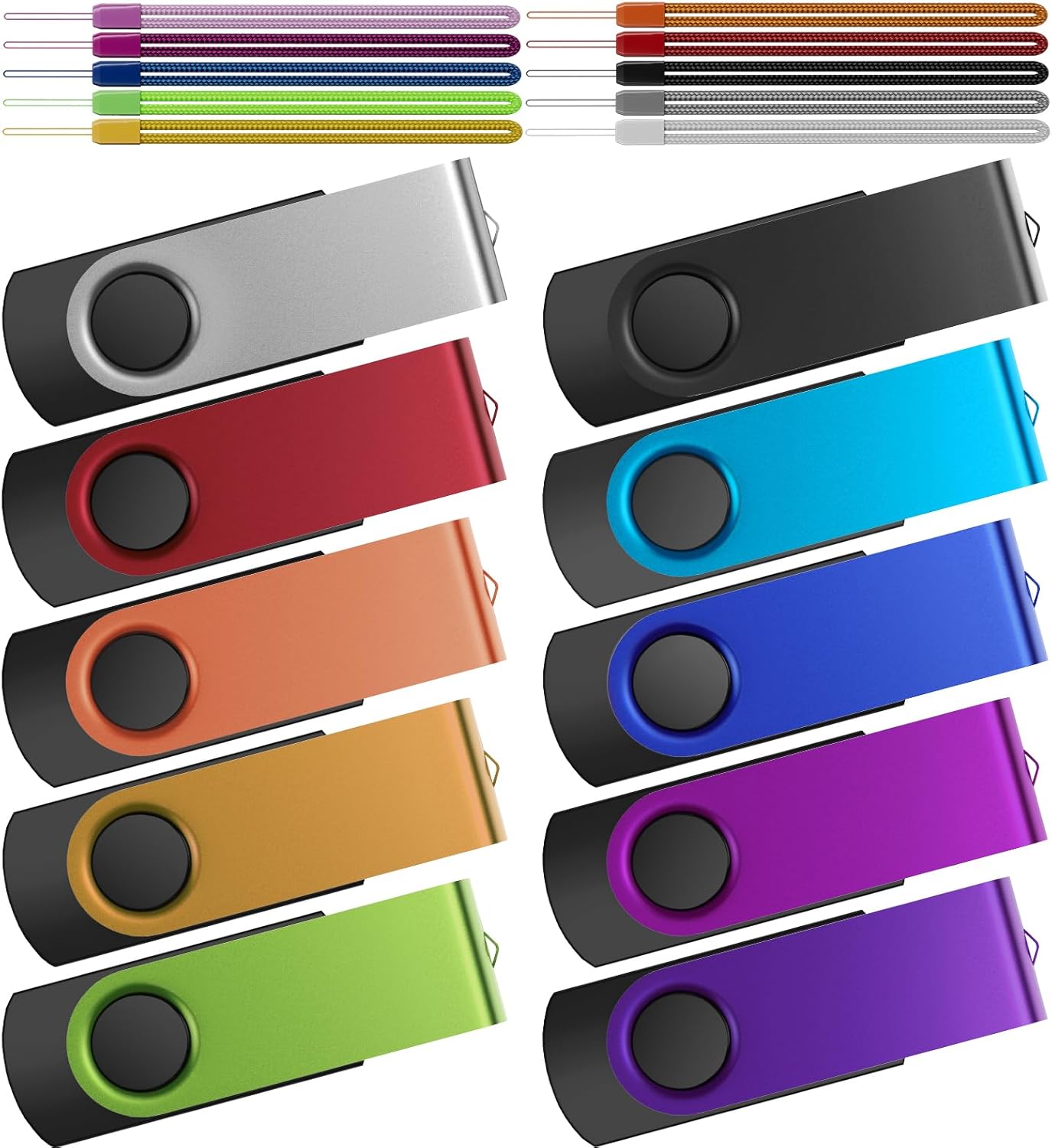 10 Pack Thumb Drive 32GB Flash Drives Bulk, Kepmem Metal Swivel USB Drive 3.0 Memory Stick 32 Giga Pen Drive Colorful Jump Drive 32 GB Zip Drive with Multicolor Lanyards for Data Storage and Transfer