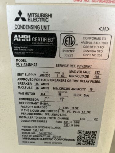 Condensing unit, Mitsubishi Electric, PUY-A24NHA7, A/C air conditioner