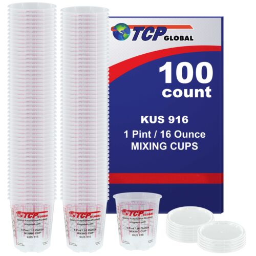 16-Ounce (1 Pint) Paint & Epoxy Mixing Cup Calibrated Ratios – 100 Cups/12 Lids