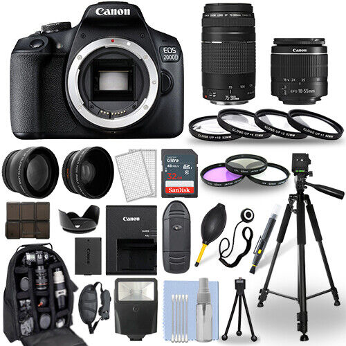 Canon EOS 2000D / Rebel T7 DSLR Camera + 18-55mm + 75-300mm + 30 Piece Bundle