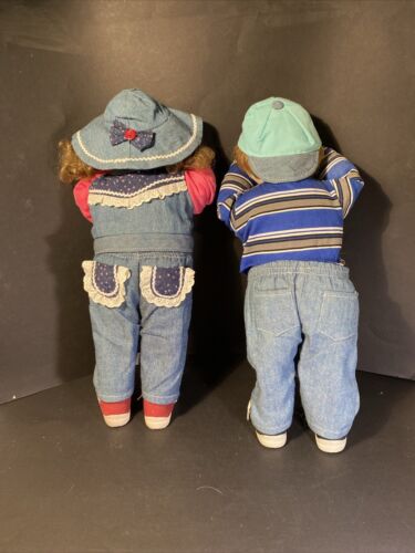 2 Vtg Time Out Hide & Seek Doll Lifelike Little Girl & Boy 18” Denim Outfit Hats