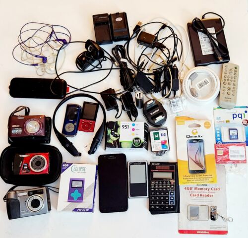 Lot Of Electronics Cameras Nikon Kodak Samsung Phone Bluetooth SD Card UNTESTED