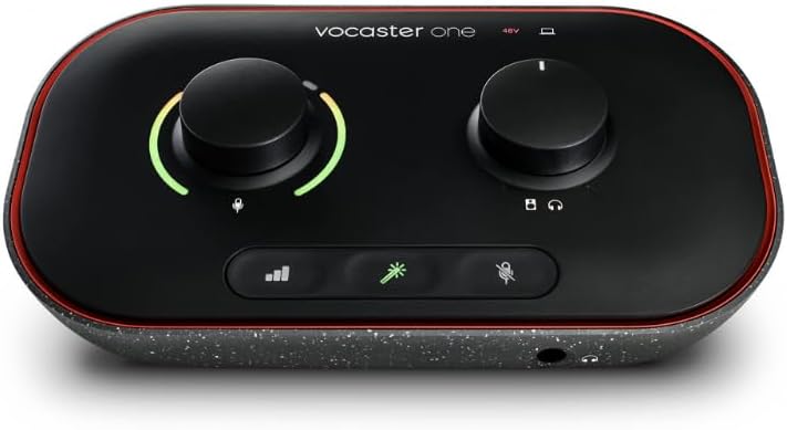 Focusrite Vocaster One — Podcasting Interface for Recording as a Solo Creator. Use Auto Gain, Enhance, and Mute for Easy Podcasting. Small, Lightweight, and Powered by Computer