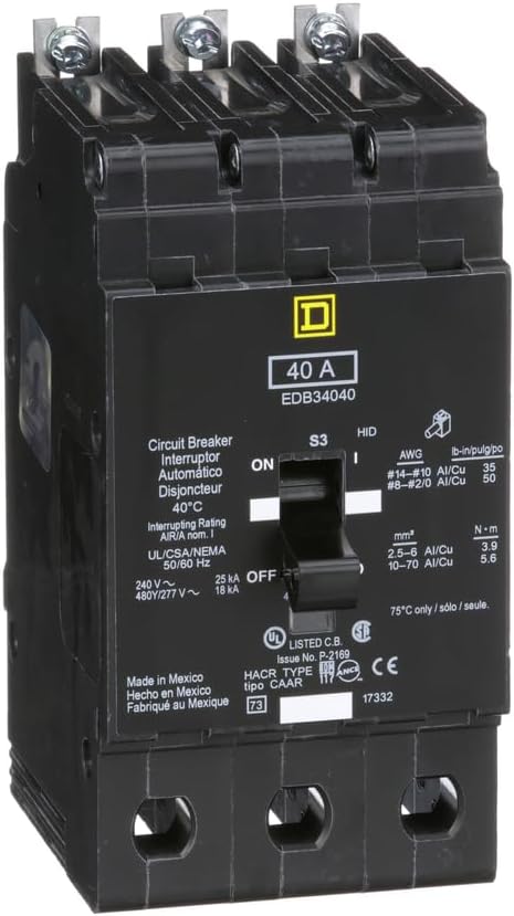 SCHNEIDER ELECTRIC 480Y/277-VOLT 40-AMP EDB34040 Miniature Circuit Breaker 480Y/277V 40A, Black