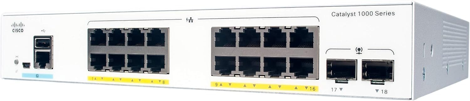 Cisco Catalyst 1000-16T-E-2G-L Network Switch, 16 Gigabit Ethernet Ports, 2 1G SFP Uplink Ports, Fanless Operation, External PS, Enhanced Limited (C1000-16T-E-2G-L)