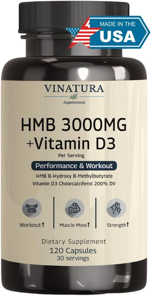 HMB 3000mg and Vitamin D3 Supplement Capsules per Serving *USA Made & Tested* Promotes Muscle Growth & Recovery – HMB Supplement and Vitamin D3 (1600 IU) – 120 Capsules 30 Servings