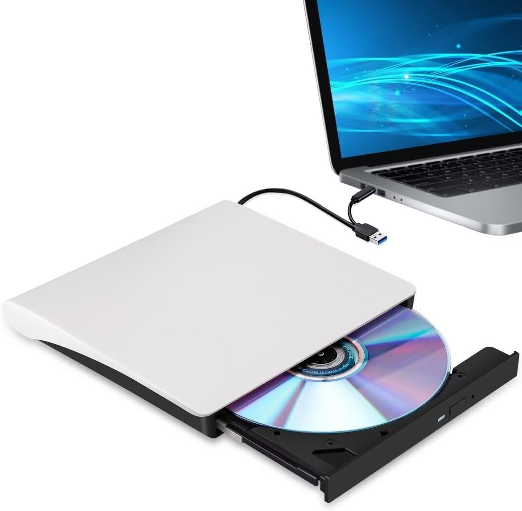 External CD/DVD Drive for Laptop, Type-C CD/DVD Player USB 3.0 Portable Burner Writer Reader Compatible with Mac MacBook Pro/Air iMac Desktop Windows 7/8/10/XP/Vista(White)