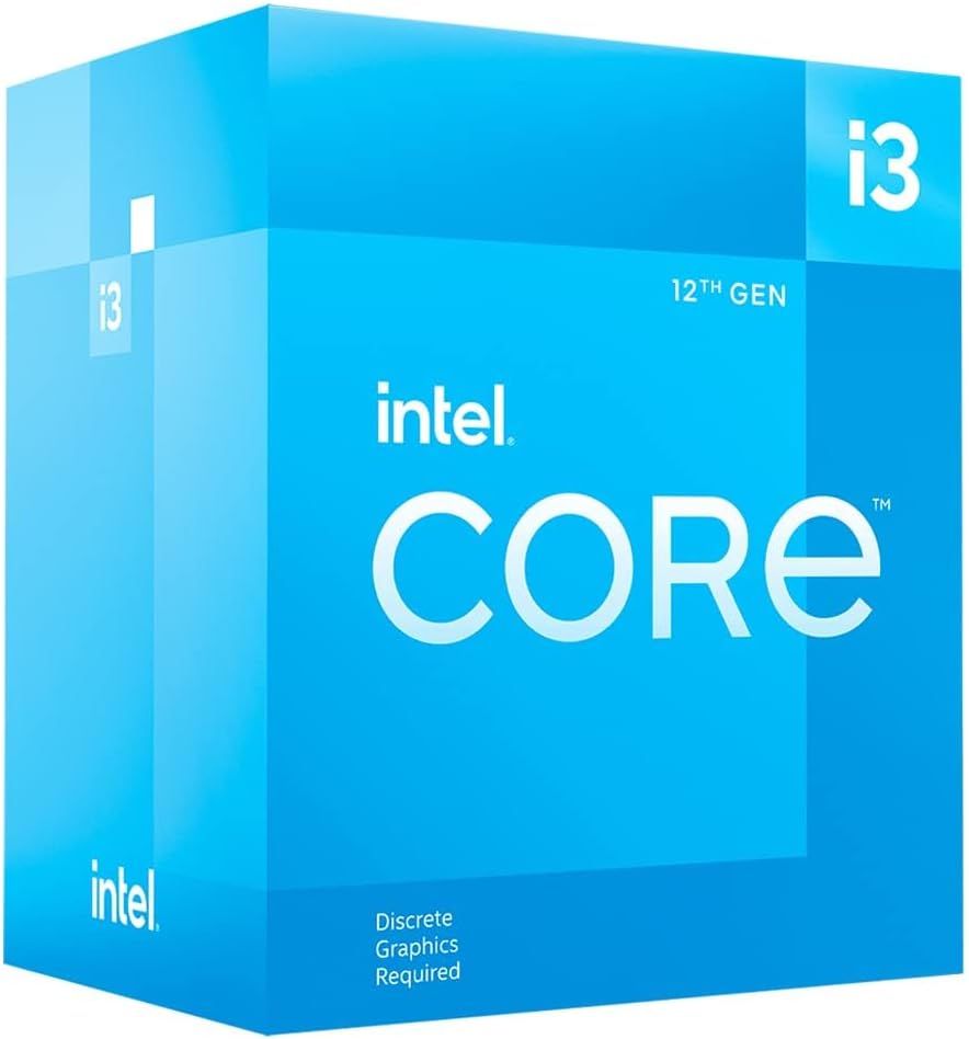 Intel® Core 12th Gen i3-12100F desktop processor, featuring PCIe Gen 5.0 & 4.0 support, DDR5 and DDR4 support. Discrete graphics required.