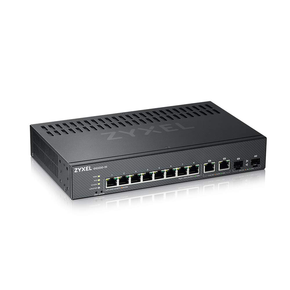 Zyxel 8-Port Gigabit Ethernet Layer 2 Managed Switch – Fanless Design with 2 Gigabit Combo Ports and Hybrid Cloud Mode [GS2220-10]