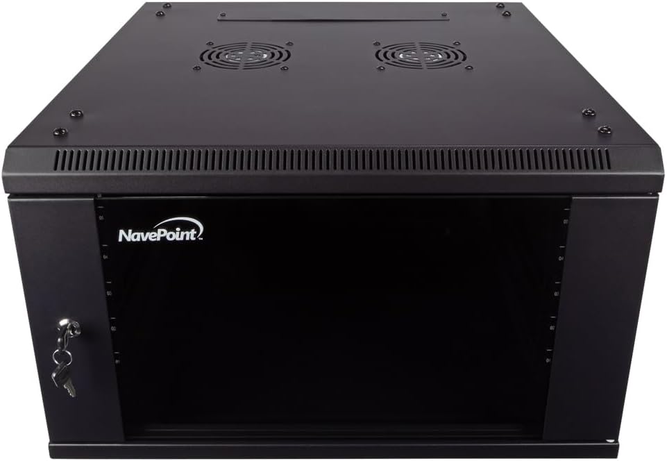 NavePoint 6U Server Cabinet Wall Mount Rack Enclosure Includes 2 Fans, Locking Glass Door, Removable Side Panels – 6U Network Cabinet 23.6” Deep, 19 Inch Server Rack for IT and A/V Equipment