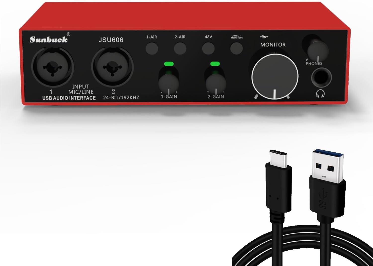 Sunbuck 2024 Newest 2i2 Audio Interface, 24Bit/192kHz High-Fidelity, Studio Quality Recording, AIR Mode Add More Extra Clarity for Recording Music, with XLR/48V Phantom Power, Mini and Portable