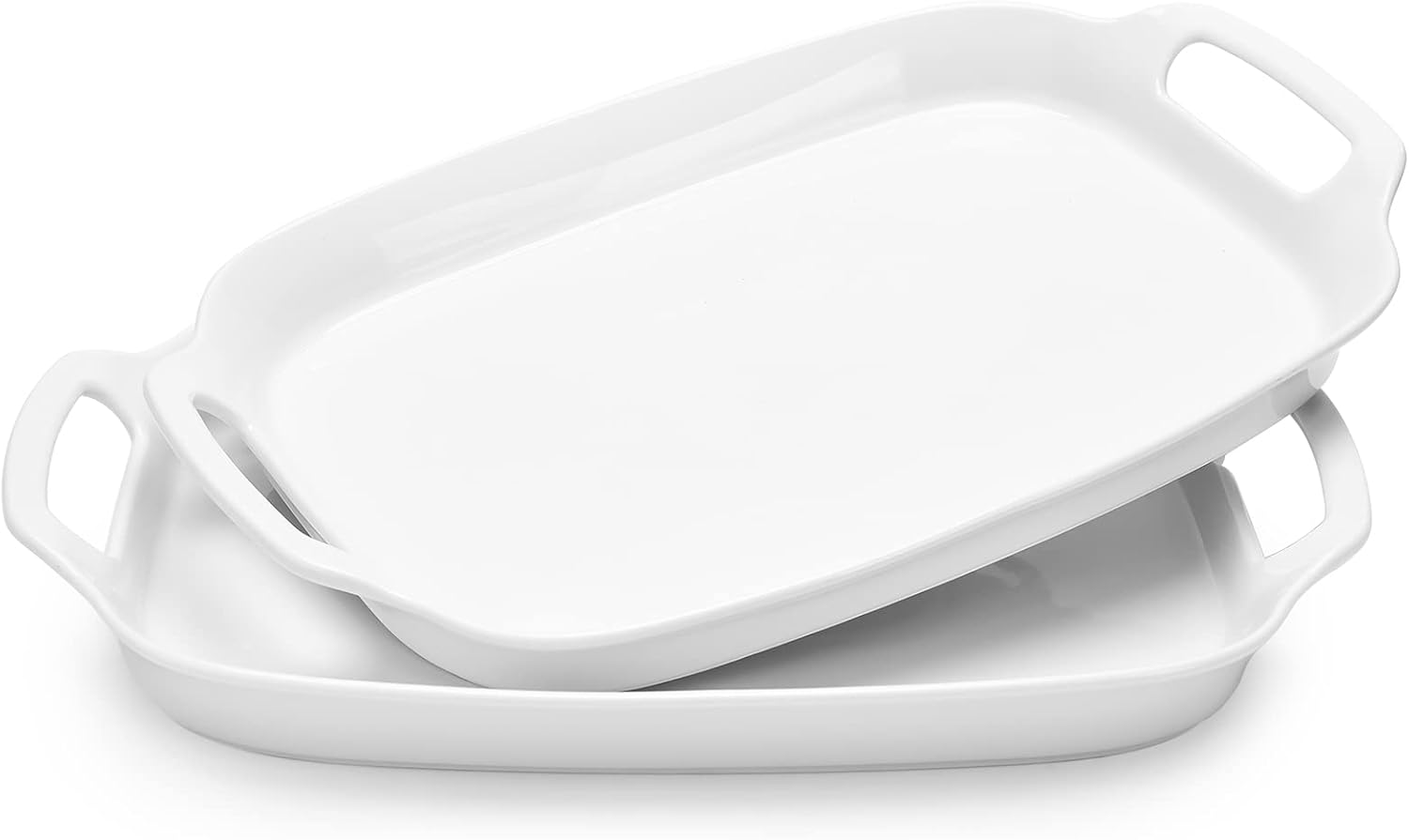 DOWAN Serving Tray with Handles, 15.4″ Large Platters for Wedding Decor, Porcelain Serving Dish for Entertaining, White Plates for Salad Meat Fruit Dessert, Set of 2