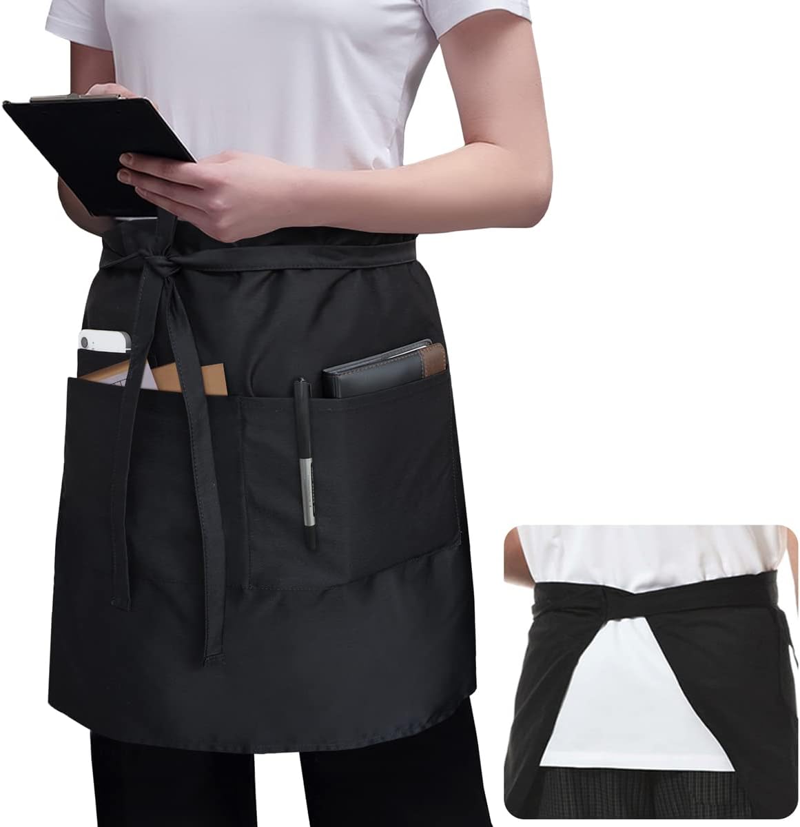 ROTANET Server Apron Black with 3 Pockets 20 Inch Long Waiter Waitress Bistro Half Waist Aprons for Women Men Waterproof