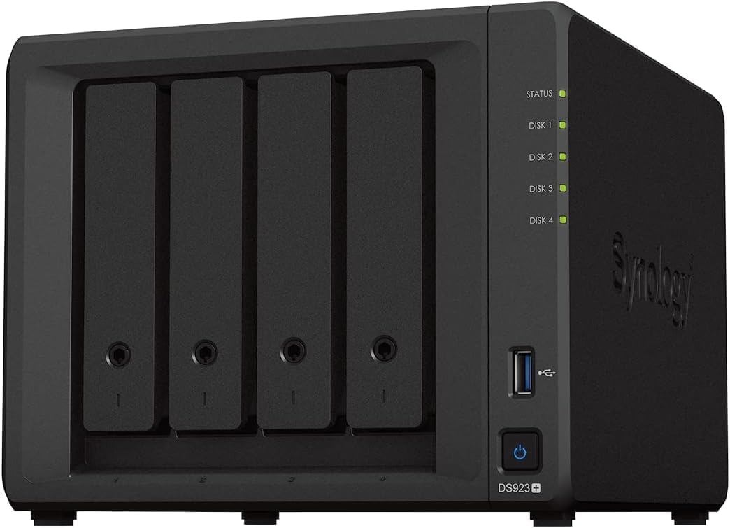 Synology DS923+ 4-Bay Diskstation NAS (AMD Ryzen 4 Threads R1600 Dual-Core 4GB Ram 2xRJ-45 1GbE LAN-Port)