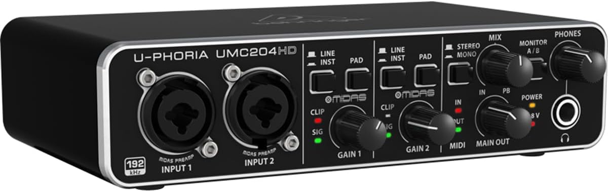 Behringer U-Phoria UMC204HD Audiophile 2×4 USB Audio/MIDI Interface with MIDAS Mic Preamplifiers, 24-Bit/192kHz Resolution