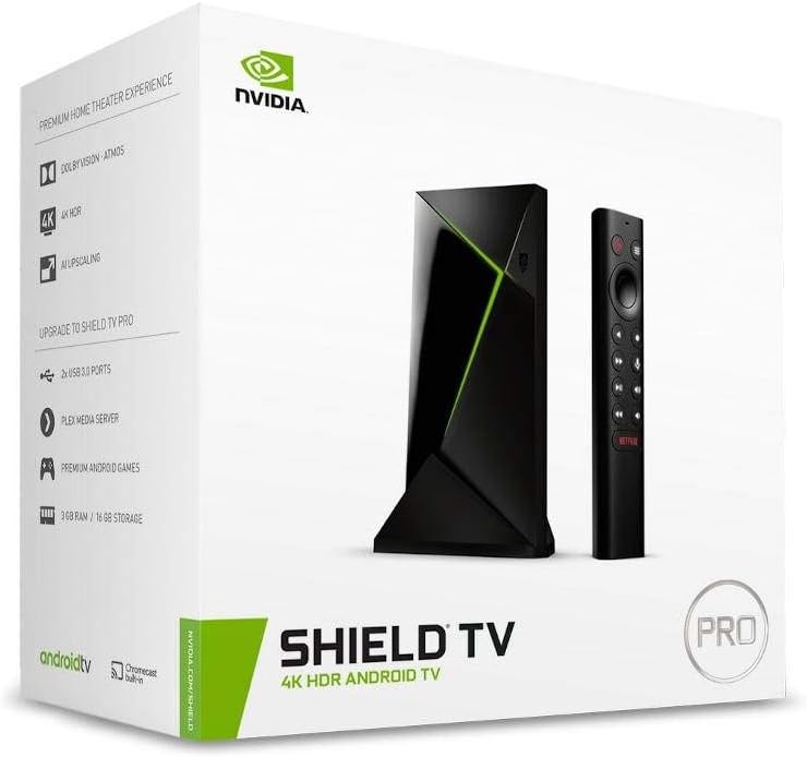 NVIDIA SHIELD Android TV Pro Streaming Media Player; 4K HDR movies, live sports, Dolby Vision-Atmos, AI-enhanced upscaling, GeForce NOW cloud gaming, Google Assistant Built-In, Works with Alexa