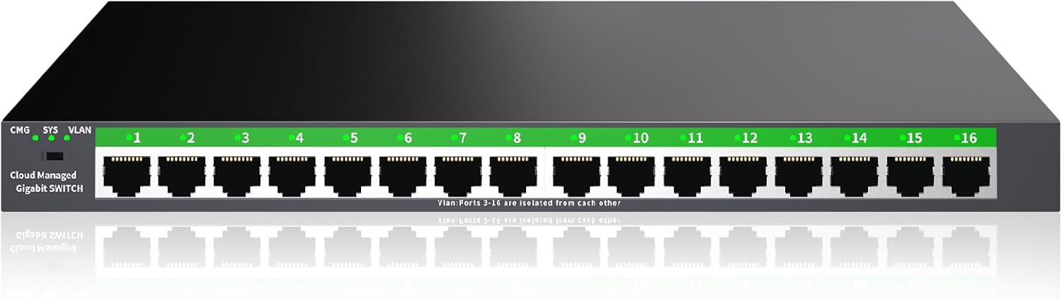 STEAMEMO 16 Port Gigabit Switch, Easy Smart Managed Ethernet Switch, Wall Mount, Vlan, Ethernet Splitter, Network Hub, Sturdy Metal