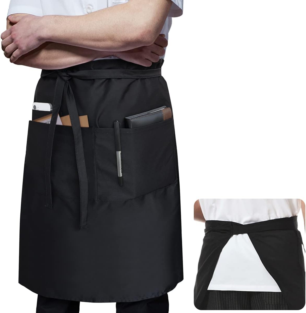 ROTANET Long Server Apron Black with 3 Pockets Bistro Half Aprons for Men Women Waiter Waitress Chef 28 Inch Waterproof