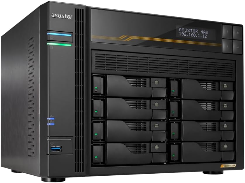 Asustor Lockerstor 8 Gen3 AS6808T 8 Bay NAS, AMD Ryzen Quad-Core 2.3 GHz, 16GB RAM ECC DDR5, 4 M.2 NVMe Slots, Dual 5GbE and Dual 10GbE Port, USB4 Type-C, Network Attached Storage (Diskless)