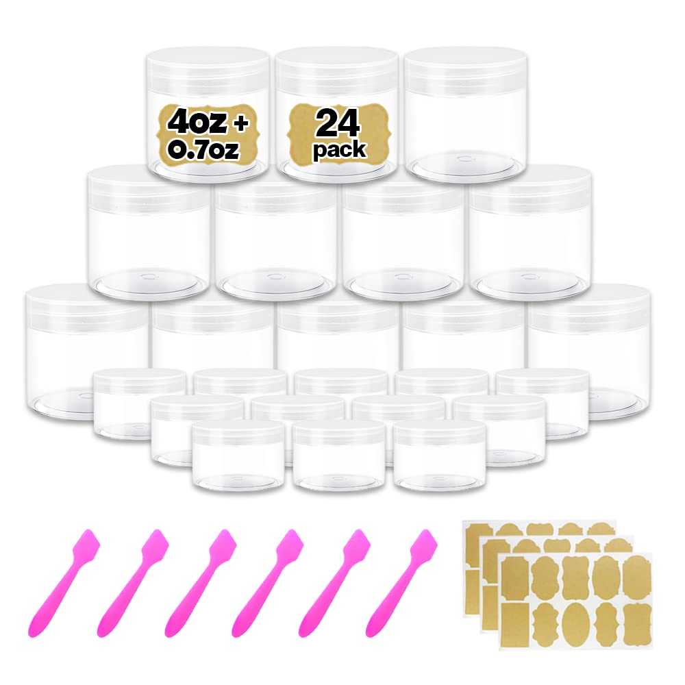 4 oz Clear Small Plastic Containers with Lids Plastic Jars with Lids + 20g/20ml Small Containers with Lids (Set of 24) Cosmetic Sample Jar – for Lip Scrub, Body Butters, Cream, Slime, Craft Storage