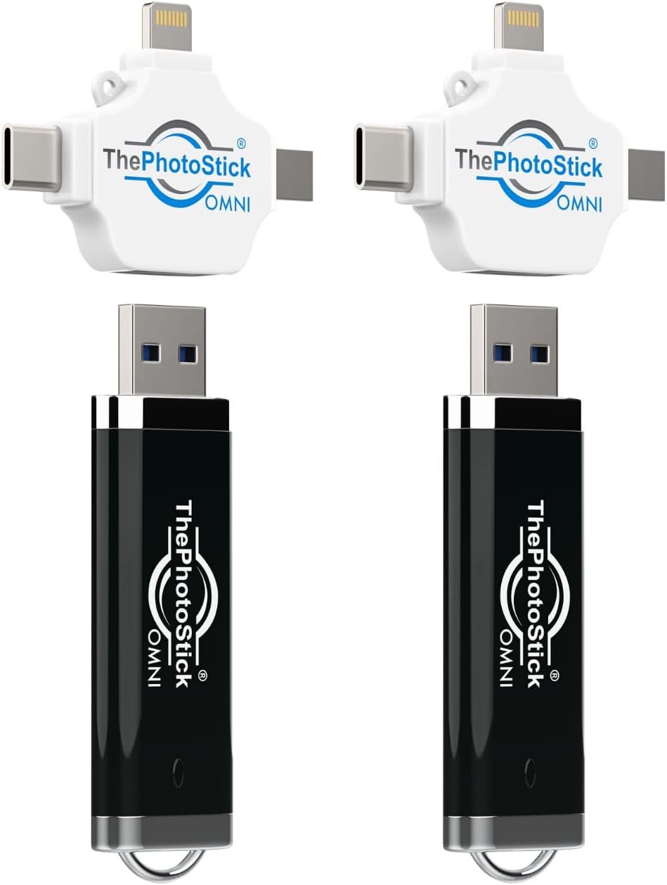 ThePhotoStick® Omni 128GB (2 Pack) – Photo & Video Backup and Transfer | Digital File Organizer | USB & Multiport Connection for Phones, Tablets and Computers | Portable Memory | External Storage