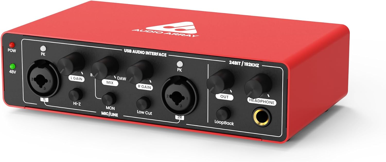 AI-04 2×2 Audio Interface | Premium Mic Pre-Amps | 48V Phantom Power Support | 24-bit/192kHz High Fidelity Recording | XLR/MIC/LINE inputs | Plug and Play-No Drivers | Metal Body | Red