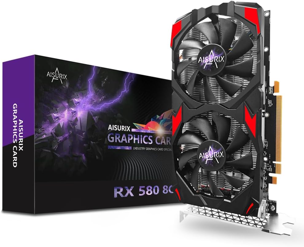 AISURIX RX 580 Graphics Card, 2048SP, Real 8GB, GDDR5, 256 Bit, Pc Gaming Video Card, 2XDP, HDMI, PCI Express 3.0 with Freeze Fan Stop for Desktop Computer Gaming Gpu