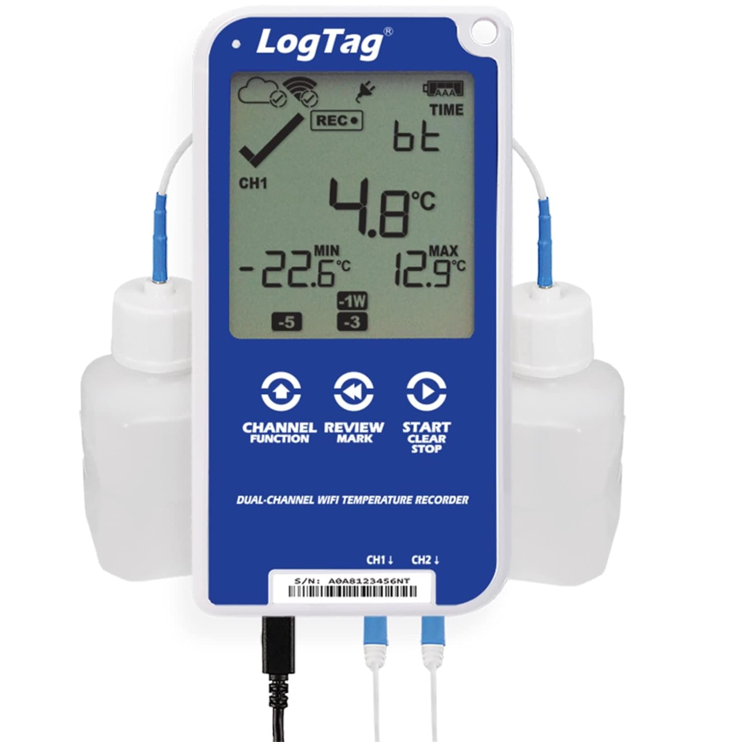 UTRED30-WiFi Dual Channel Kit Includes: Data Logger, 2-ST100K-15 Ext Probes, 2-Buffer Bottles, Wall Mount Bracket & NIST Traceable Calibration Certificate, Blue/White