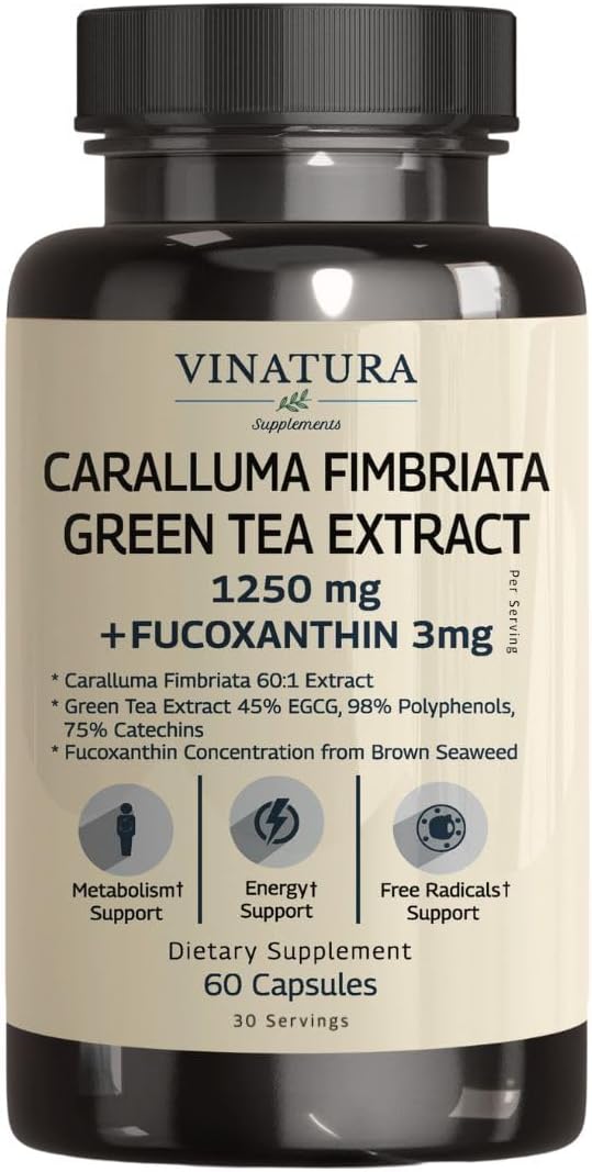 Caralluma Fimbriata, EGCG 45% Extract 1250mg + Fucoxanthin 3mg per Serving *USA Made & Tested* for Immune Support, Energy and Mental Focus – 60 Capsules 30 Servings