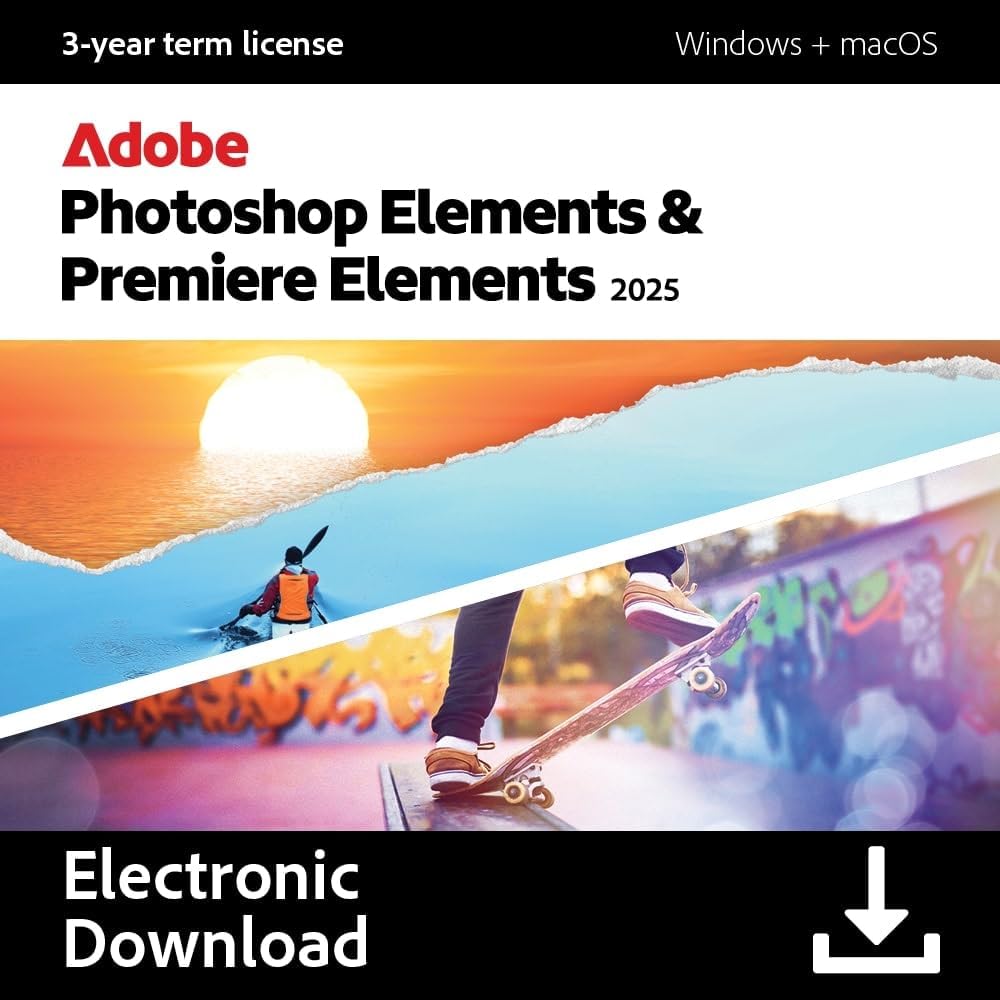 Adobe Photoshop Elements & Premier Elements 2025 | Photo & Video Editing | | 3-Year Term License | PC/MAC Code| Software Download