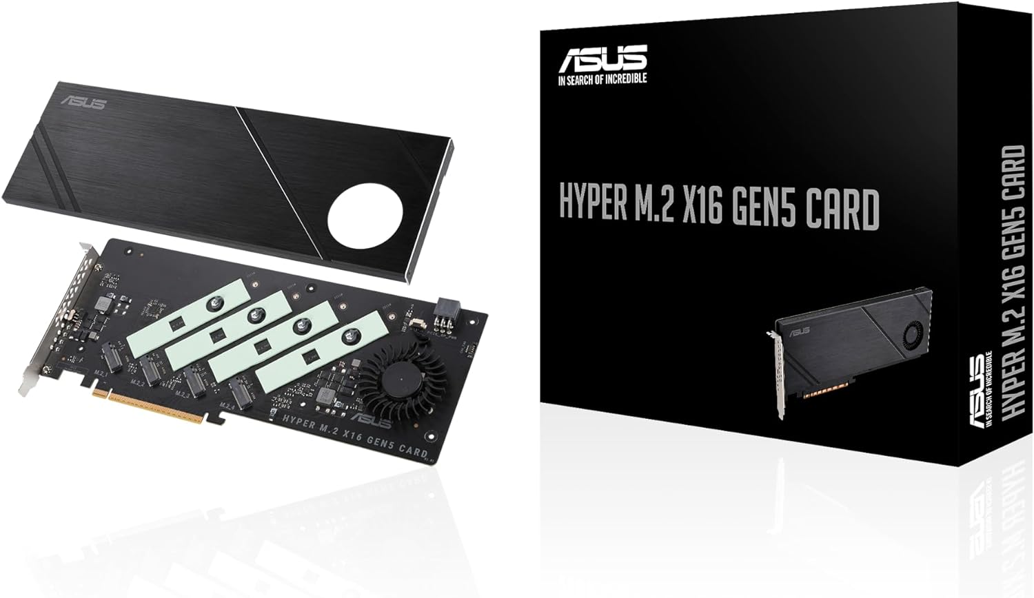 ASUS Hyper M.2 x16 Gen5 Card (PCIe 5.0/4.0) Supports Four NVMe M.2 (2242/2260/2280/22110) Devices up to 512 Gbps for AMD and Intel® Platform RAID Functions.