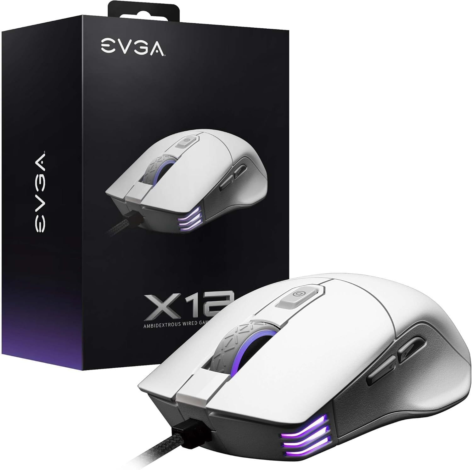 EVGA X12 Gaming Mouse, 8k, Wired, White, Customizable, Dual Sensor, 16,000 DPI, 5 Profiles, 8 Buttons, Ambidextrous Light Weight, RGB, 905-W1-12WH-KR