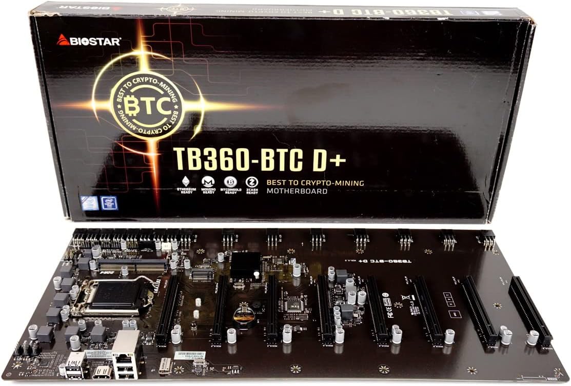 Biostar TB360-BTC D+ (Intel 8th and 9th Gen) LGA1151 SODIMM DDR4 8 GPU Support GPU Mining Motherboard. Requires CPU with IGFX and Server Power Supply.