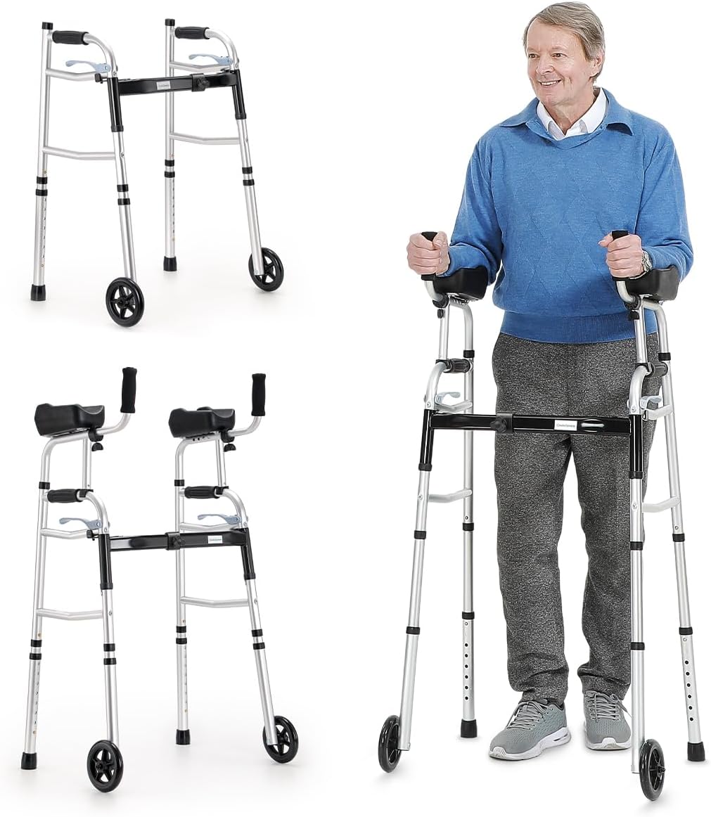 OasisSpace Folding Walker – Standard Walker with 5’’ Wheels and Removable Padded Armrests 300lbs, Platform Walker with Arm Support for Senior, Handicap & Disabled