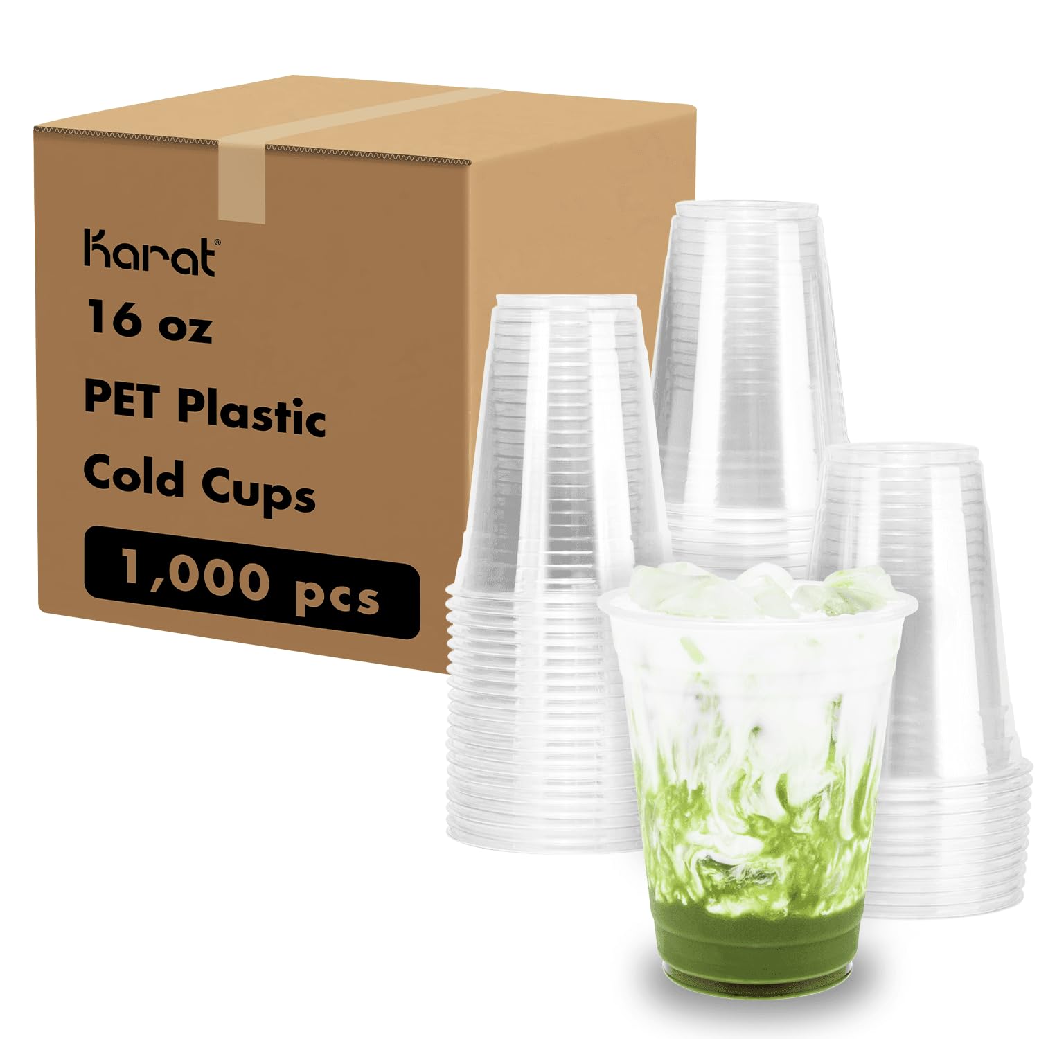 Karat [1,000 ct] 16oz Plastic Cups, Clear Disposable Cold Cup For Iced Coffee, Smoothies, and More, 98mm (C-KC16)