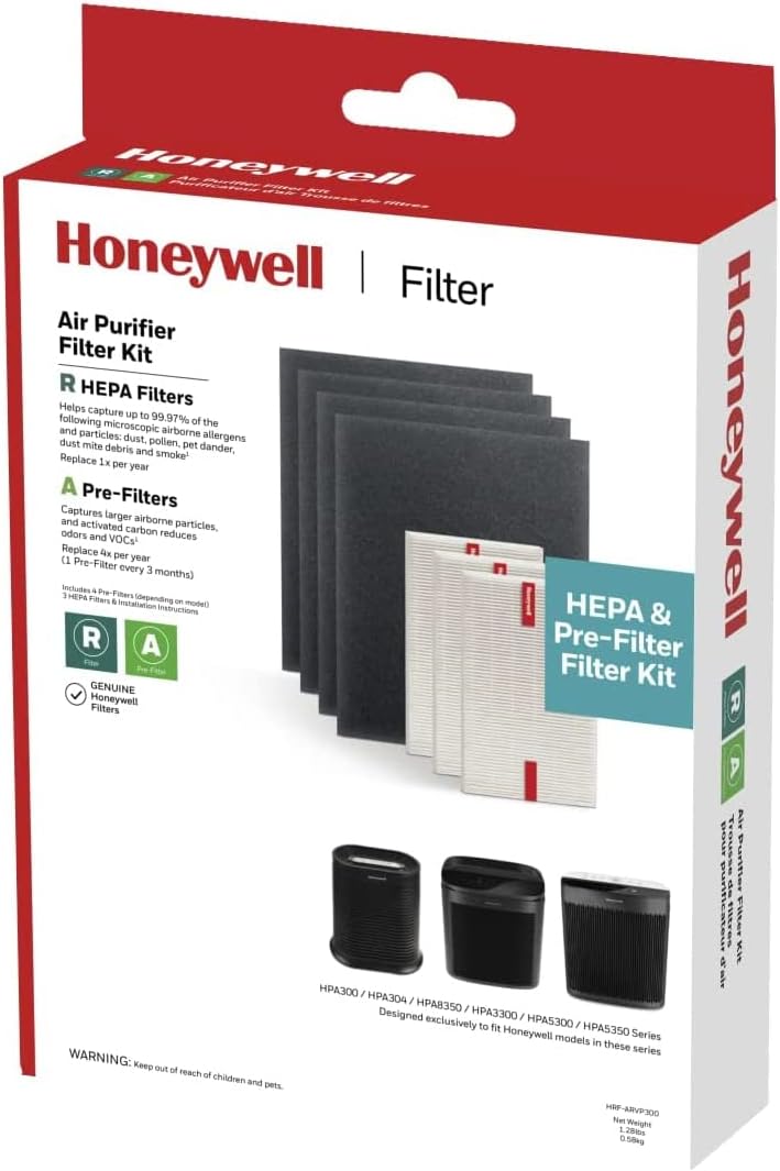 Honeywell HEPA Air Purifier Filter Kit – Includes 3 HEPA R Replacement Filters and 4 A Carbon Pre-Cut Pre-Filters – Airborne Allergen Air Filter Targets Wildfire/Smoke, Pollen, Pet Dander, and Dust