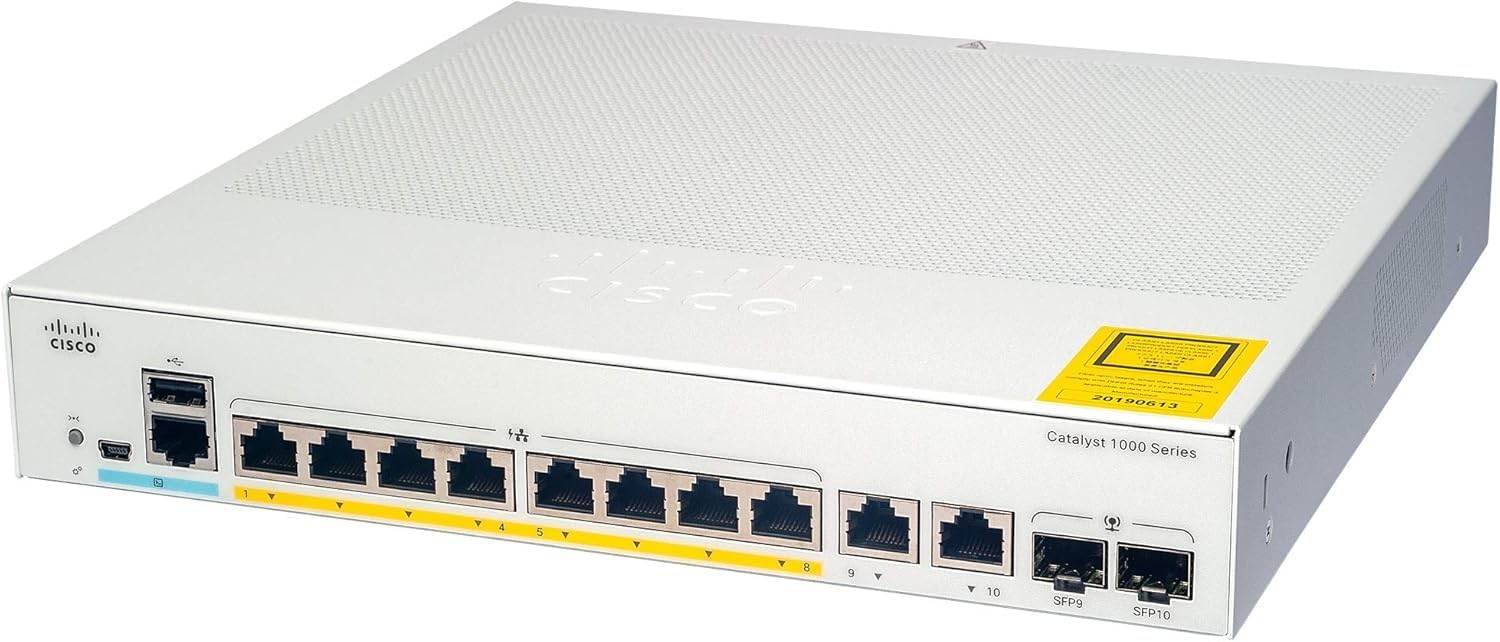 Cisco Catalyst 1000-8P-E-2G-L Network Switch, 8 Gigabit Ethernet (GbE) PoE+ Ports, 670W PoE Budget, 2 1G SFP/RJ-45 Combo Ports, Fanless Operation, Enhanced Limited (C1000-8P-E-2G-L)